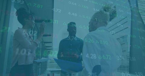 Diverse Team Brainstorming in Modern Office with Digital Screens