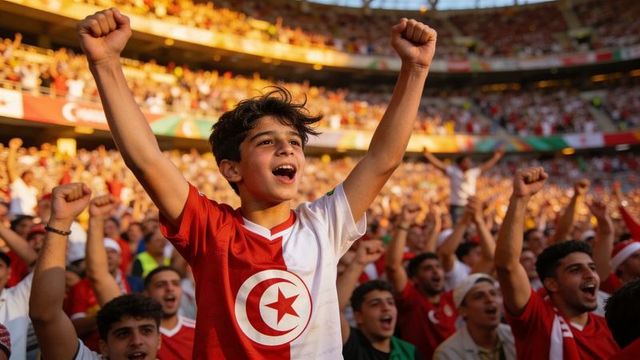 Young tunisian fan celebrating with raised arms in packed stadium during golden hour