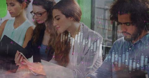 Diverse Professionals Analyzing Data with Futuristic Graphs Overlay