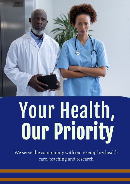 Image shows two confident medical professionals, one in a white coat and the other in scrubs, conveying trust and dedication in healthcare. Useful for promoting healthcare services, emphasizing the importance of community health, trust in medical teams, and the quality of medical care. Ideal for hospitals, clinics, and healthcare-related advertisements.