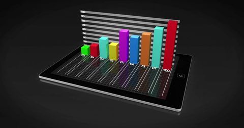 Vibrant 3D Bar Graphs on Tablet Interface in Dark Space