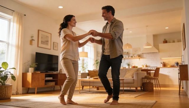 Middle-aged couple dancing barefoot on rug in cozy midcentury modern living room home interior