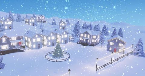 Snowy village with holiday lights and decorated christmas tree