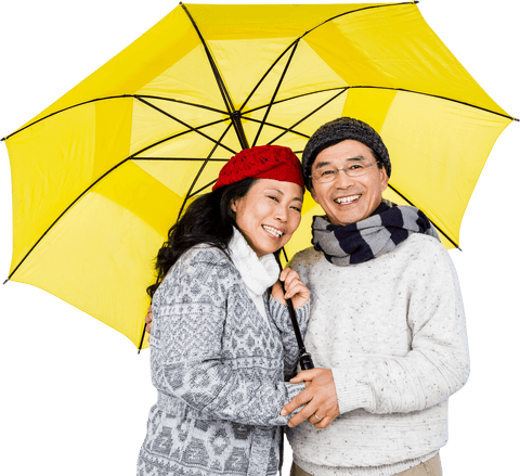 Smiling asian couple under transparent yellow umbrella