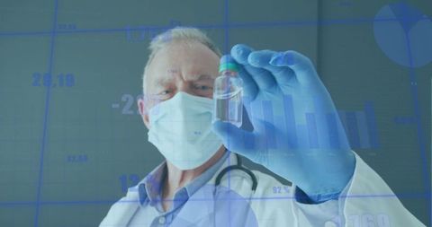 Senior researcher analyzing vial with medical data background