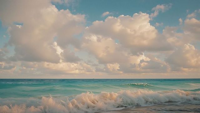 Serene Turquoise Waves with Fluffy Clouds at Ocean's Edge