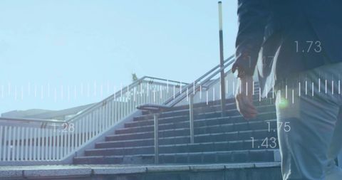 Mature professional climbing urban stairs with wearable data overlay showing progress