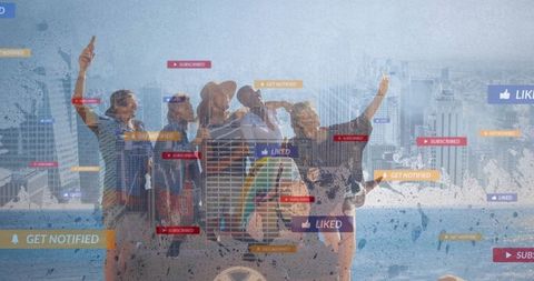 Five Friends Taking Selfie with Social Media Interaction Icons