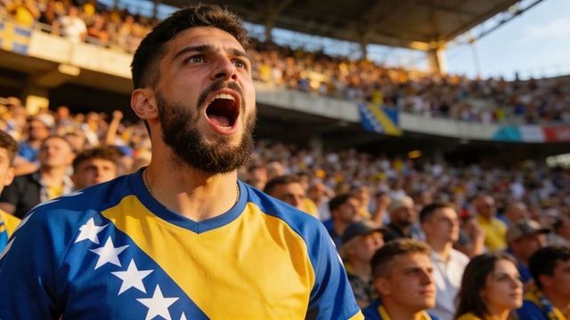 Passionate football fan shouting in blue and yellow jersey with stars in packed stadium