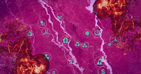 Conceptual patterns featuring renewable energy & human impact symbols