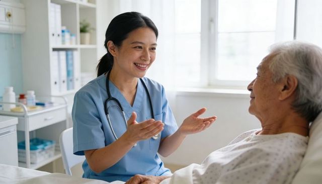 Nurse talking and comforting elderly patient bedside in hospital room, compassionate care