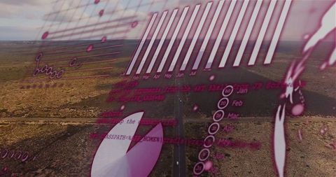 Digital analytics overlay on arid desert highway