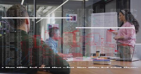 Female Presenter Leading Meeting with Augmented Reality City Models and Analytics Overlay