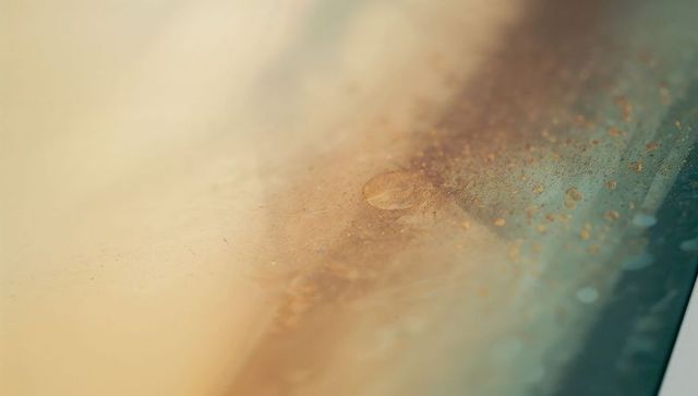 Macro water droplet on corroded dusty glass with warm-to-teal gradient and minimal texture