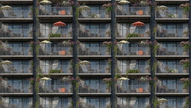 Midrise urban balcony grid featuring repeating railings, colorful umbrellas and greenery