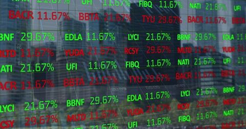 Digital Stock Ticker with Urban Financial District Reflection