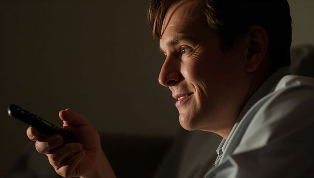Smiling Man Holding Remote Watching TV on Dim Sofa Cozy Evening Collared Shirt
