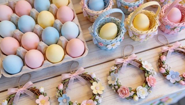 Pastel easter eggs and floral mini-wreaths arranged with wicker baskets on rustic table