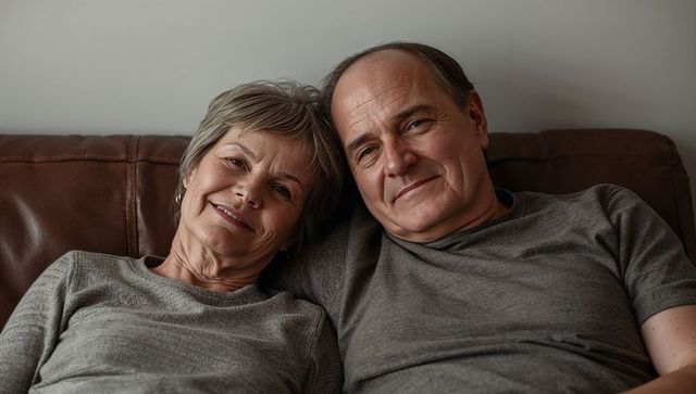 Senior couple leaning together smiling and relaxing on brown leather couch at home