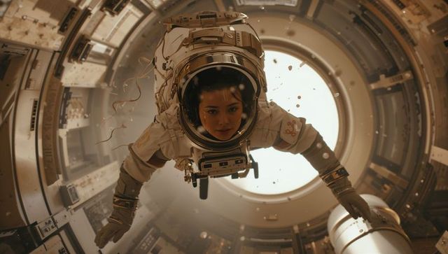 Astronaut floating in spacecraft module toward glowing hatch