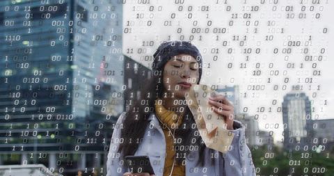 Commuter woman using smartphone and eating snack in urban downtown with binary overlay