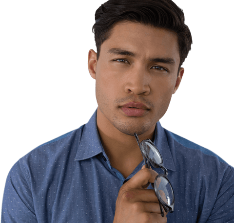 Pensive Businessman Holding Eyeglasses with Transparent Background