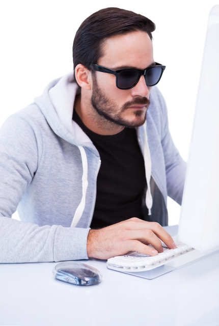 Anonymous Man in Sunglasses Hacking on Desktop Computer Transparent Background - Download Free Stock Videos Pikwizard.com