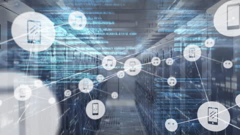 Digital Network Connections Over Server Room with Data Flow