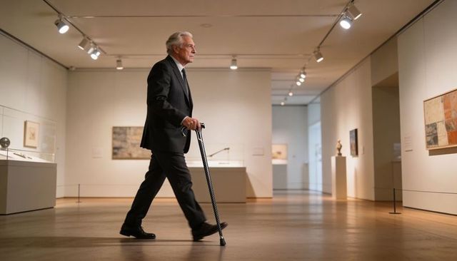 Distinguished senior man walking with cane in contemporary art museum gallery