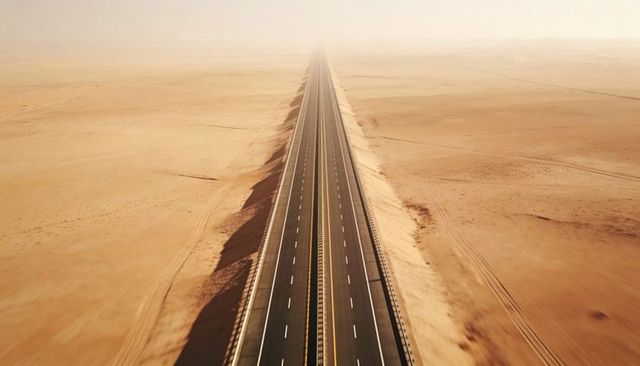 Endless straight desert highway vanishing into haze aerial minimalist roadscape