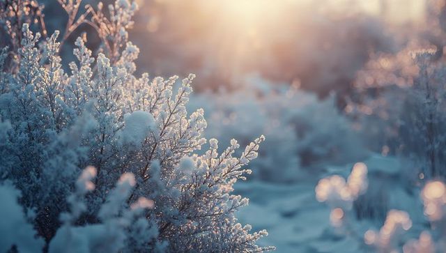 Frost-Covered Shrubs Illuminated by Winter Sunrise