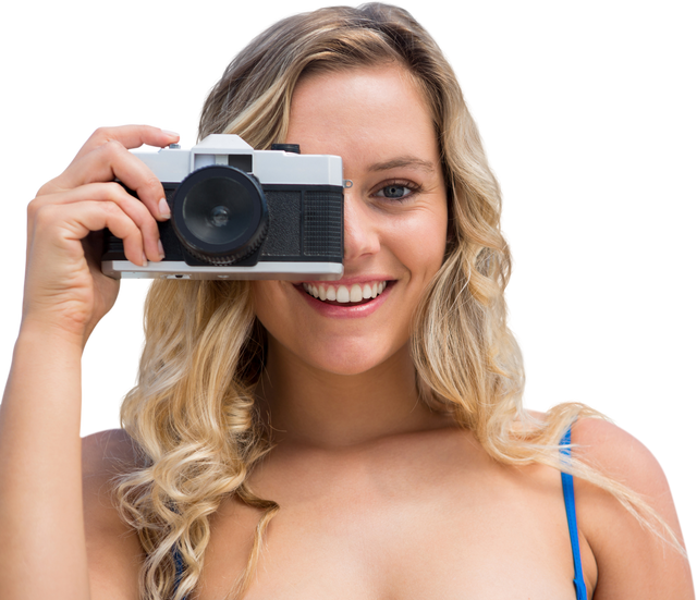 Smiling Girl Taking a Photo with Retro Camera on Transparent Background - Download Free Stock Videos Pikwizard.com