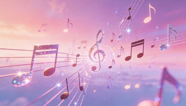Glittering treble clef floating over pastel clouds, trailing staff lines and sparkling notes