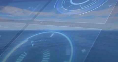 HUD rotating and pulsing over ocean horizon during vessel startup for marine navigation interface