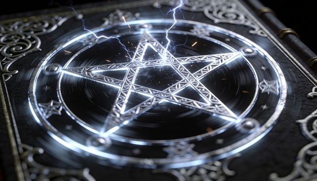 Grimoire cover pulsing with lightning-charged pentagram and embossed metallic sigils