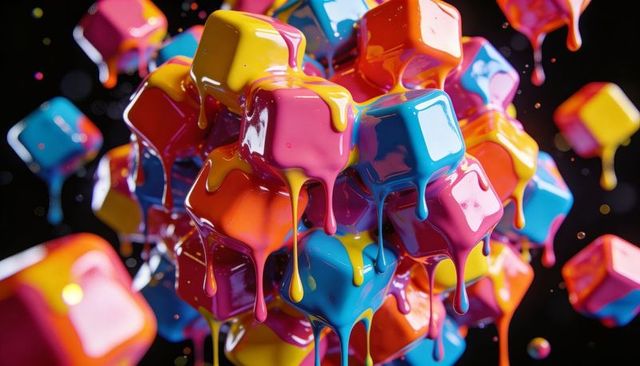 Dripping neon cubes floating in dark space viscous magenta cyan paint on glossy cluster