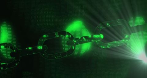 Glowing blockchain with binary code and futuristic green aura