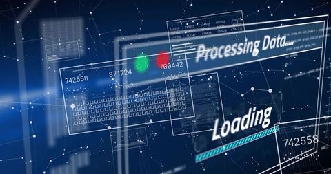 Processing Data and Loading Futuristic Holographic Network Interface with HUD Elements