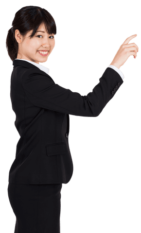 Transparent Happy Asian Businesswoman Pointing Finger