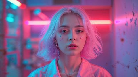 Neon Cyberpunk Portrait of Woman with Pastel Pink Hair