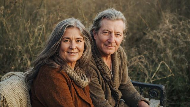 Senior couple embracing warmth in meadow at golden hour wearing coats and knit scarves