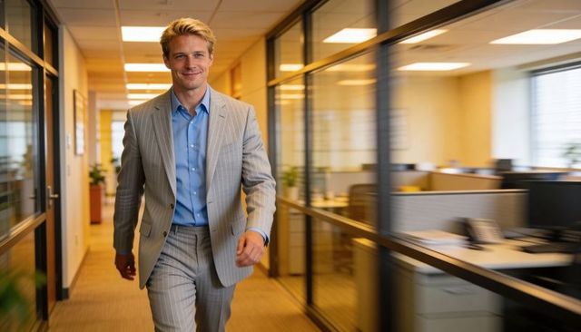 Walking smiling confident young executive in light gray pinstripe suit through modern office