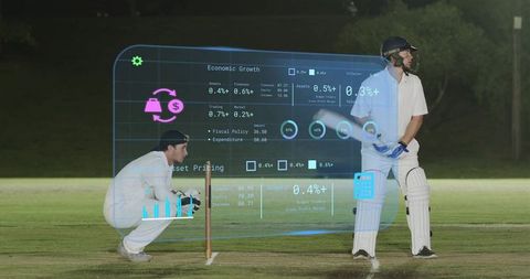 Night cricket batter and wicketkeeper with augmented reality performance analytics overlay