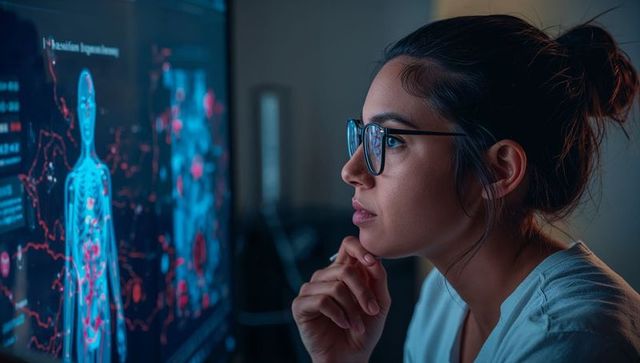 Young researcher analyzing interactive anatomy display on large screen in lab