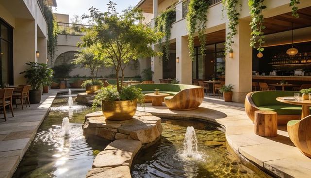 Sunlight streaming through hotel courtyard with reflecting pool and curved wooden lounge seating