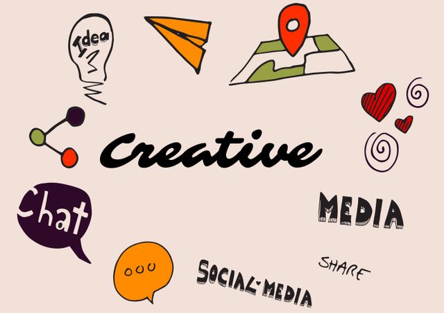 Illustration showing various icons related to creativity and social media. Features chat bubble, paper airplane, map location marker, connected dots, and Share symbol, emphasizing connection and creativity. Useful for blogs, articles, social media posts, and marketing materials about creativity, communication, and social networking.
