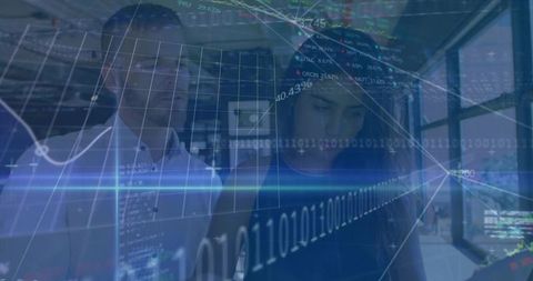 Analysts Analyzing Holographic Data Visualizations and Binary Code Overlays in Tech Office