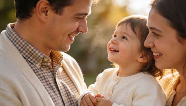 Smiling parents cradling toddler outdoors during golden hour tender family moment