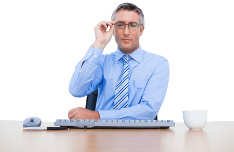 Transparent Businessman Adjusting Glasses At Desk - Download Free Stock Videos Pikwizard.com