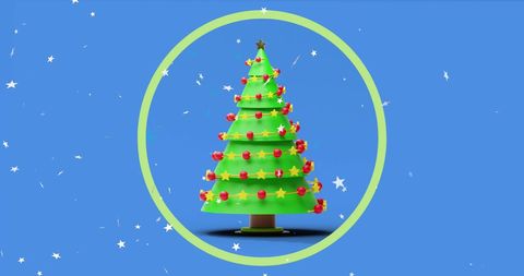 Whimsical Christmas Tree Against Blue Background